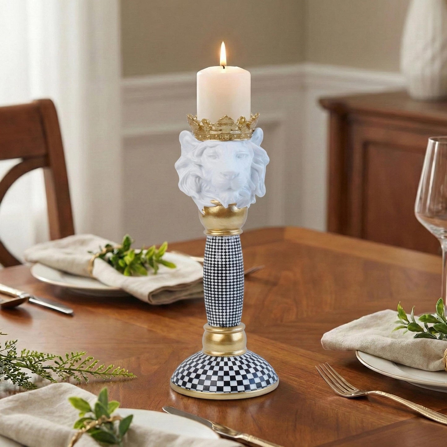 Crowned Animal Candlestick Holder Black & White Checkerboard Taper Candle Holder with Gold Accents Eclectic Resin Statue for Modern Home Decor, Table Centerpiece