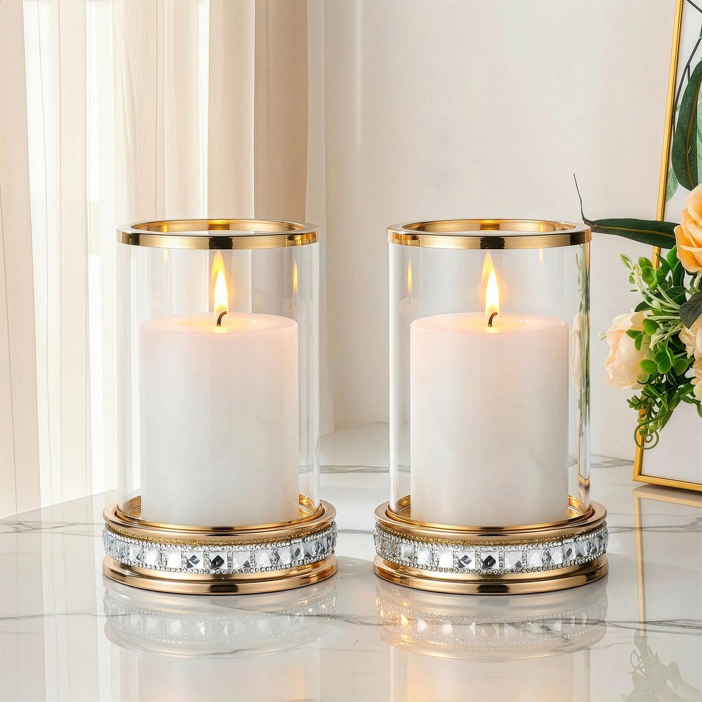 2pcs Hurricane Candle Holder, Pillar Candle Holders with Clear Glass Sleeve, Small Crystal Lantern for Fall Thanksgiving Christmas Holiday Dining Table Centerpiece (Gold)