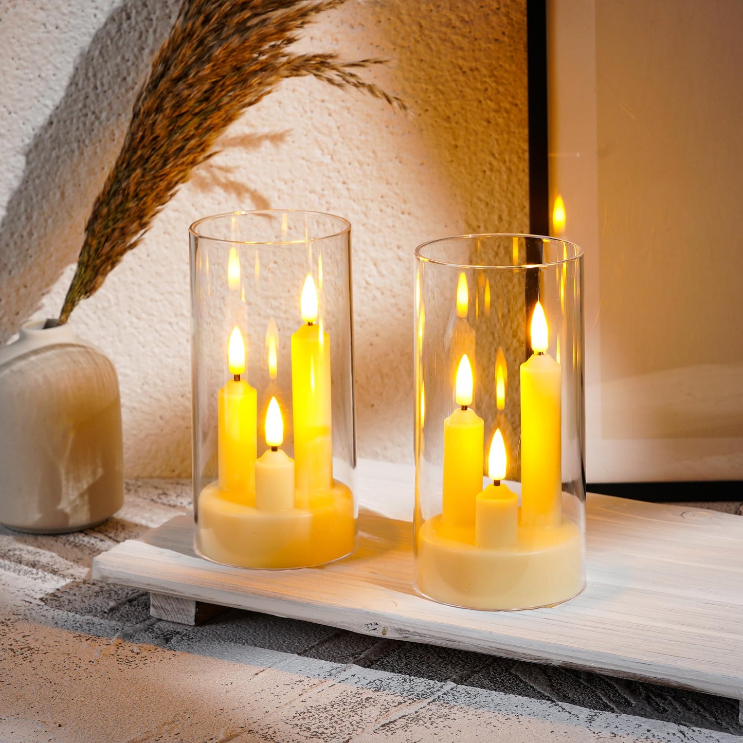 2 Pack Flameless Taper Candles, 3D Realistic Wick LED Taper Candle Lights with Clear Acrylic Cover, Remote Control Battery Operated Flickering Candles for Wedding, Party, Christmas, Home Table Decor.