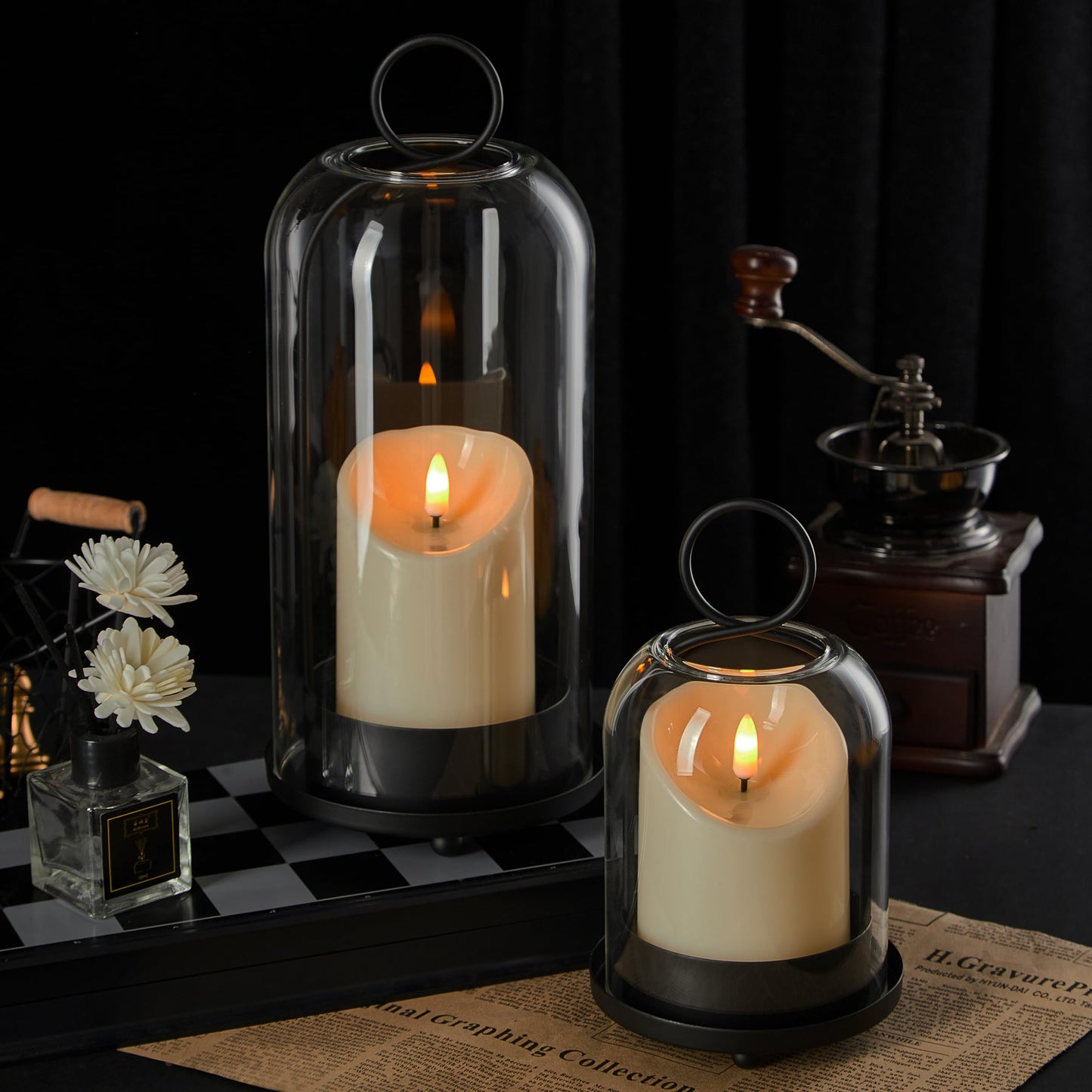 Ganwu 5"&4" Metal Candle Holder with Handmade Glass Dome in Brass & 2 Timer Candles, Set of 2 Versatile Hurricane Glass Candle Holders for Pillar Candles & Plants