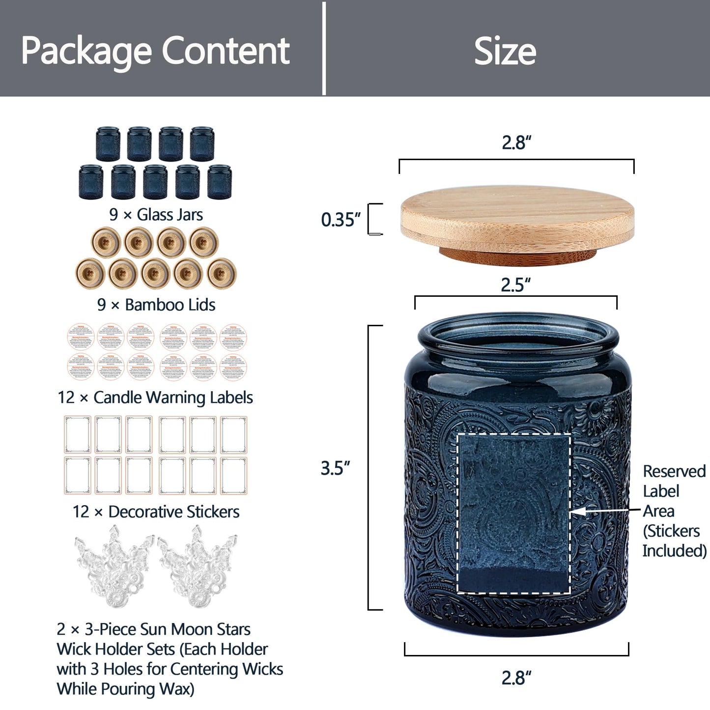 9-Pack 8oz Embossed Glass Candle Container with Bamboo Lids and Labels, Gray Candle Jars for Making Candles, Sun Moon Star Design