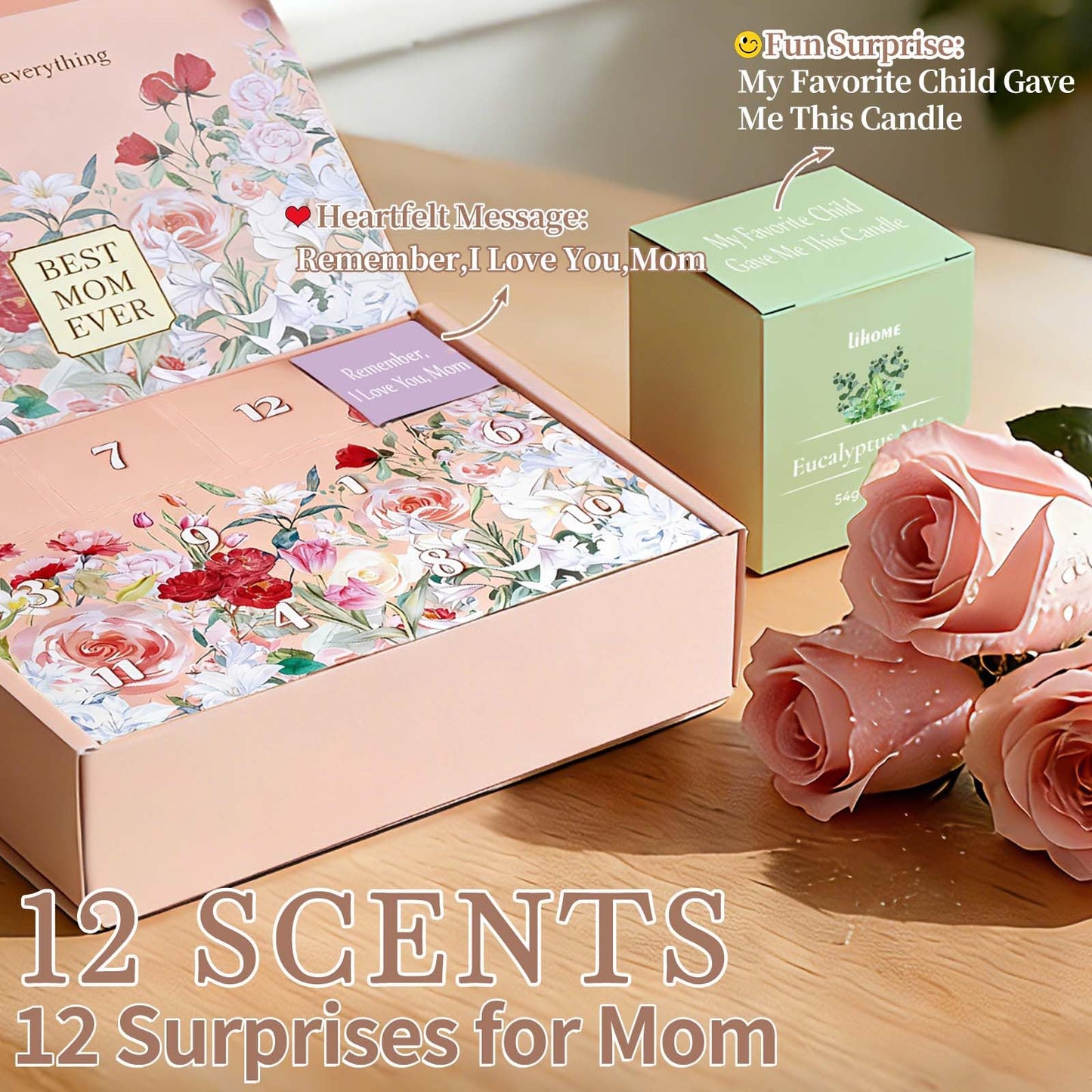 Mothers Day Gifts for Mom - 12 Scented Candles Set with Messages, Best Birthday, Christmas, Thanksgiving Gifts for Mom from Daughter Son
