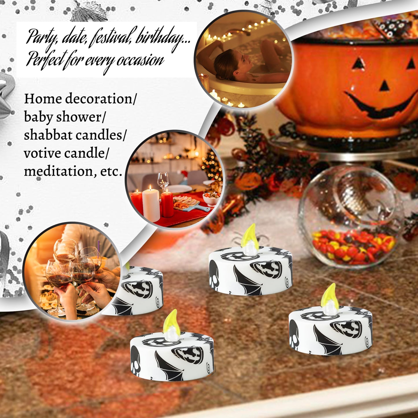FCMSHAMD Halloween Bat Flameless Tealights Candles with 10-Key Remote Timer Battery Operated, 2.2 Inch Flickering LED Tea Lights Candles for Home Decoration,12 Pack