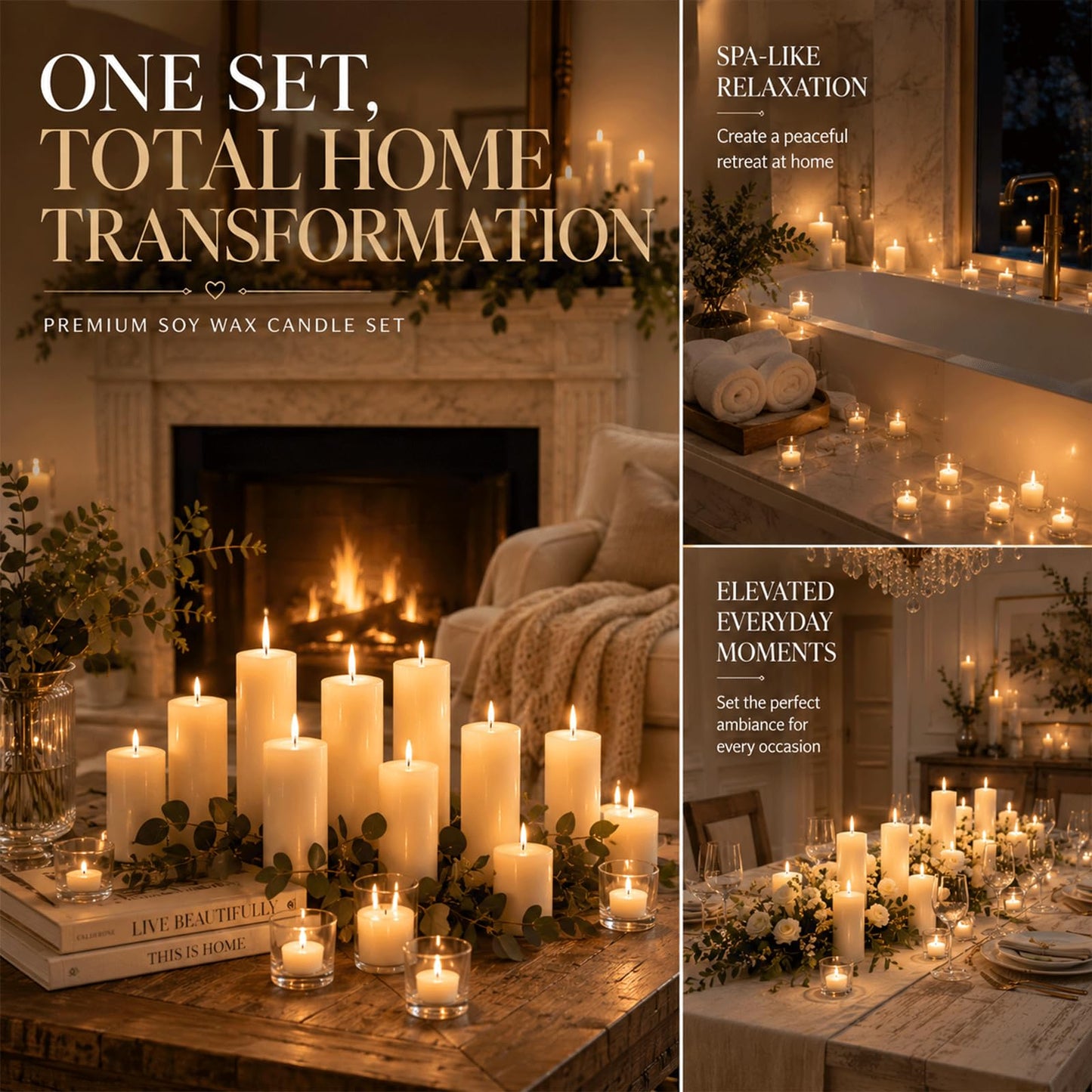 18 Pack Soy Wax Pillar Candle Set for Weddings & Home Decor, Layered Candle Kit with 6 of Each Size (2x3, 2x6 & 2x8) and 12 Tea Lights, Dripless Long Burning White Candles for Centerpieces &Parties