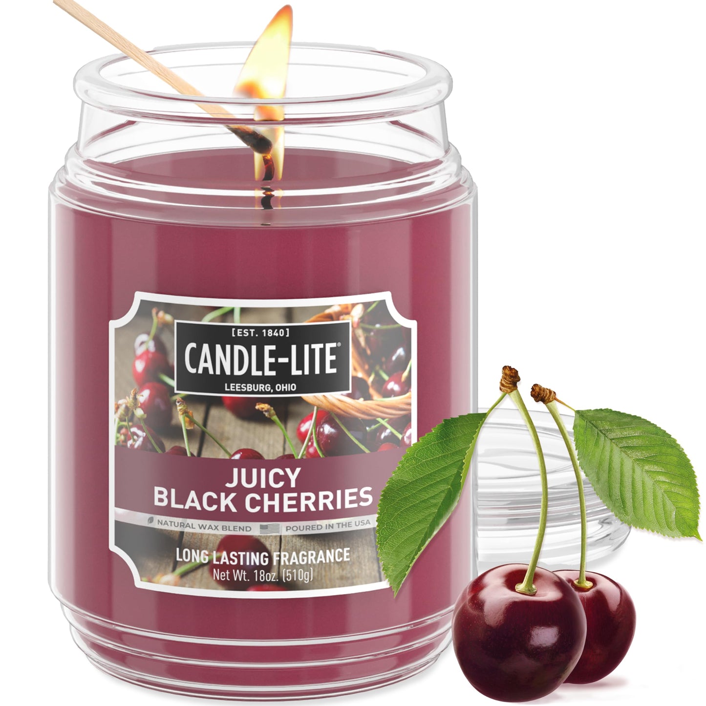 CANDLE-LITE Scented Juicy Black Cherries Fragrance, One 18 oz. Single-Wick Aromatherapy Candle with 110 Hours of Burn Time, Dark Red Color, Jar
