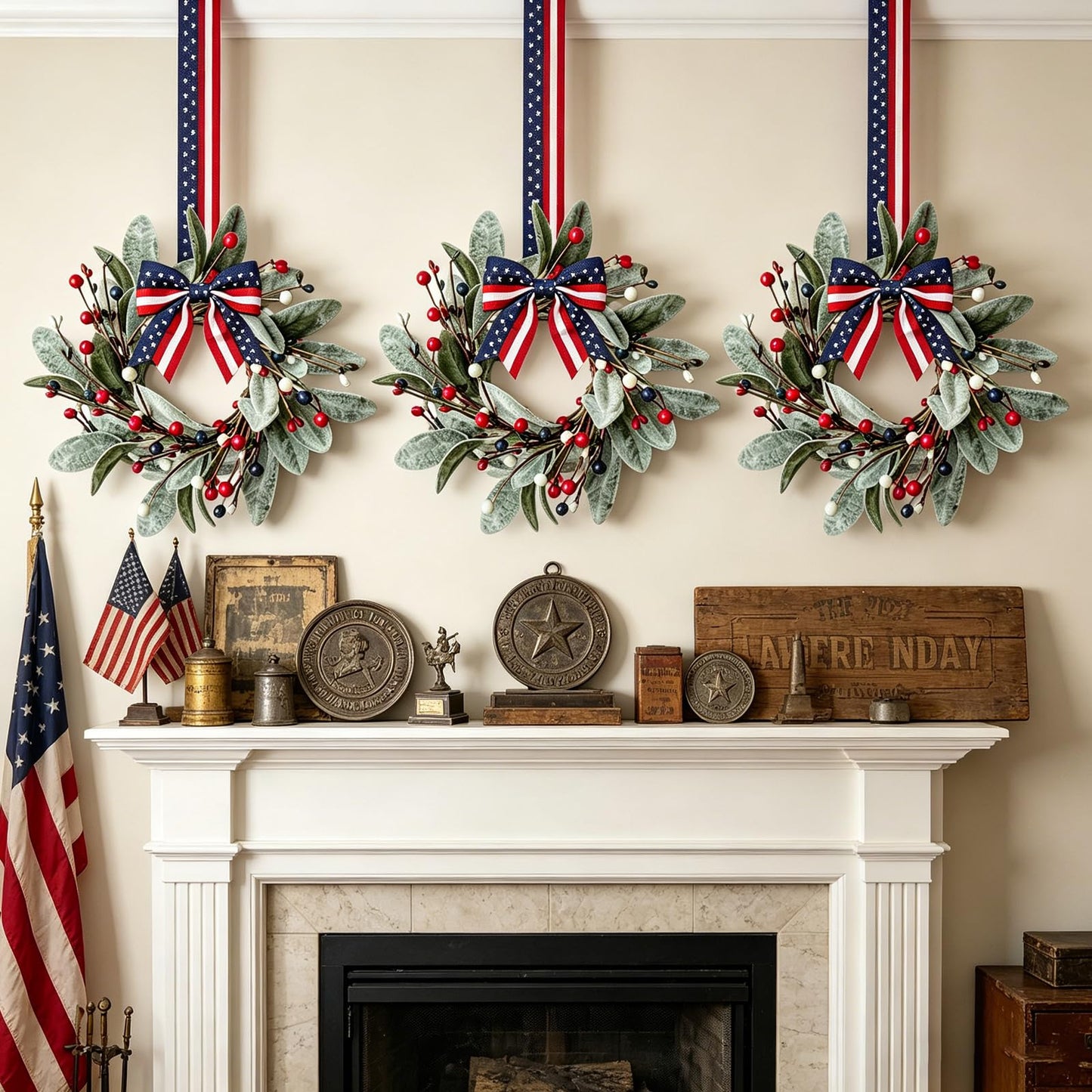 6 PCS Patriotic 4th of July Candle Rings Wreaths Independence Day Candle Rings Holder with Red White Blue Berries & Lamb's Leaves Mini Memorial Day Labor Day Wreath for Home Table Centerpiece Decor