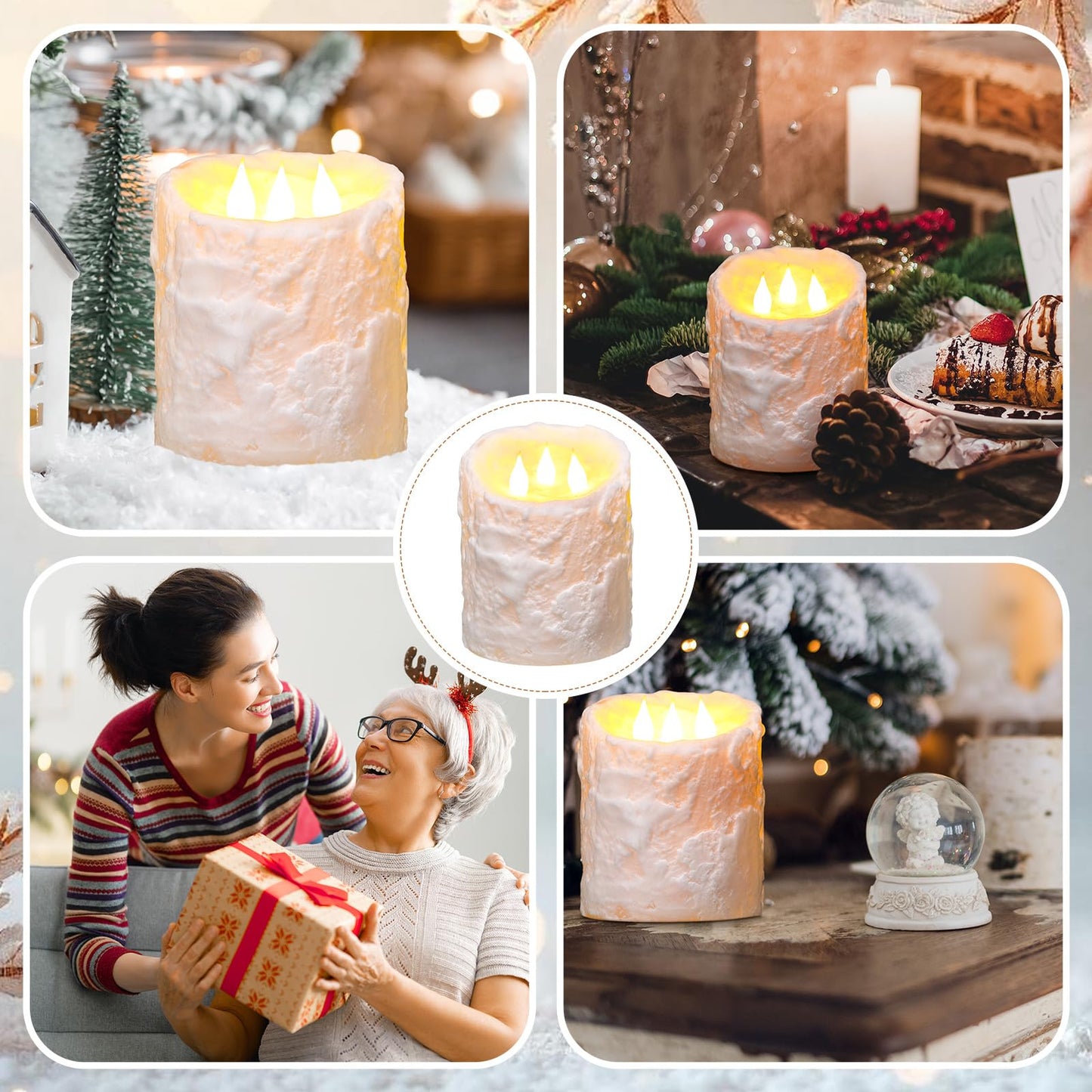 Baquler Large Flameless LED Battery Operated Pillar Candle - 3 Wick 5"x4" Snowy Frosted White Flameless Christmas Fake Candle for Xmas Table Centerpiece Holiday Rustic Indoor Home Decor