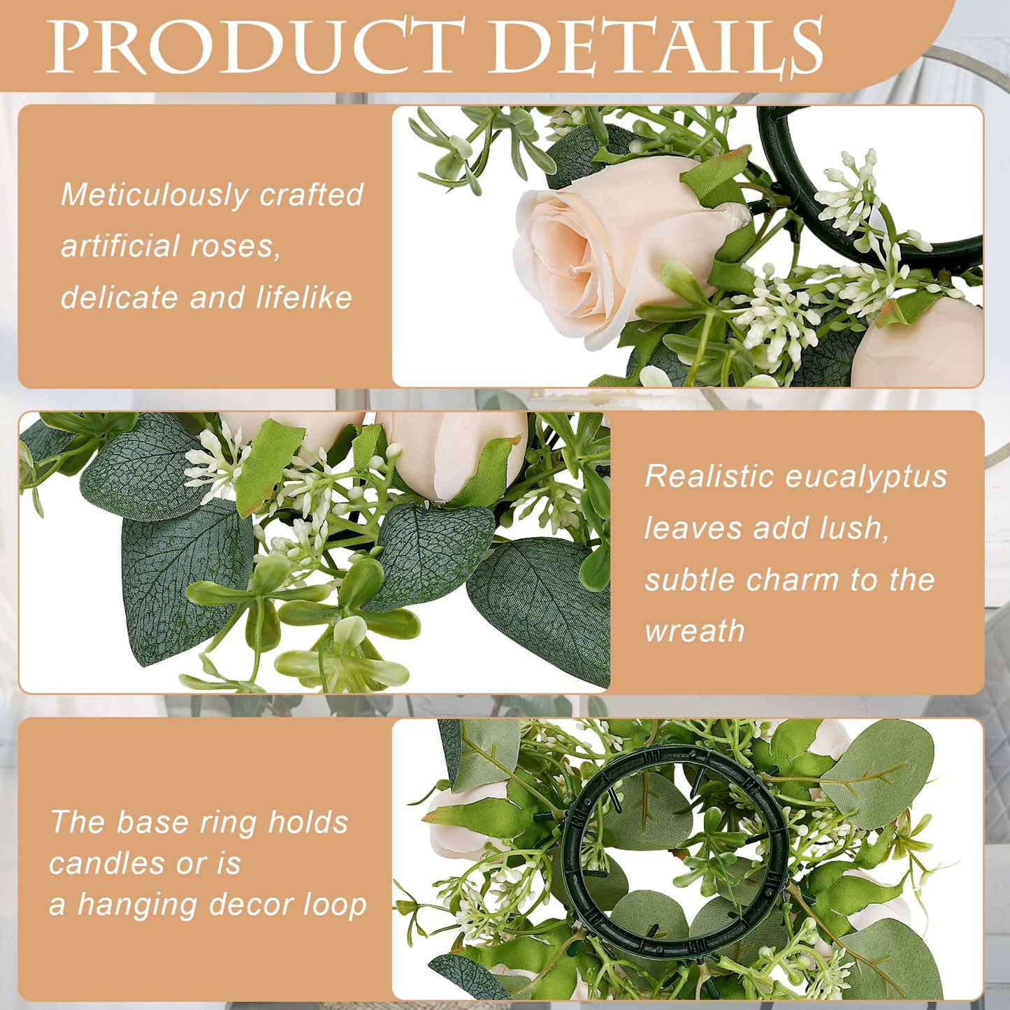 Tobilu 12 PCS Candle Rings with LED Flameless Candles, 3 Inch Artificial Rose Wreaths Eucalyptus Leaves for Table Centerpieces Home Wedding Party Decor, Champagne, 6 Sets