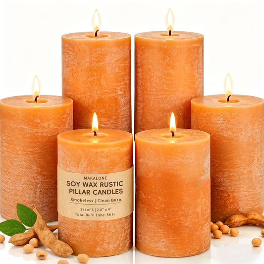 Burnt Orange Rustic Pillar Candles 6 Pack | 2.8" x 4" Soy Wax Candles, 55 H Long Burning, Smokeless Unscented Rustic Candles for Wedding, Home Decor, Farmhouse, Thanksgiving