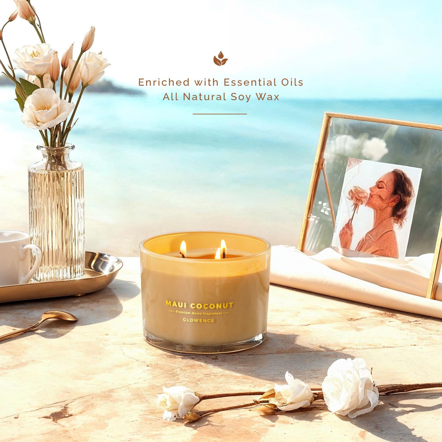 Glowence Luxury Coconut Scented Candle - Large 3 Wick Jar Candle - Elegant Gift for Women & Men - 100% Natural Soy Wax - Up to 40 Hours Burning Time - Housewarming Aromatherapy Candle for Home