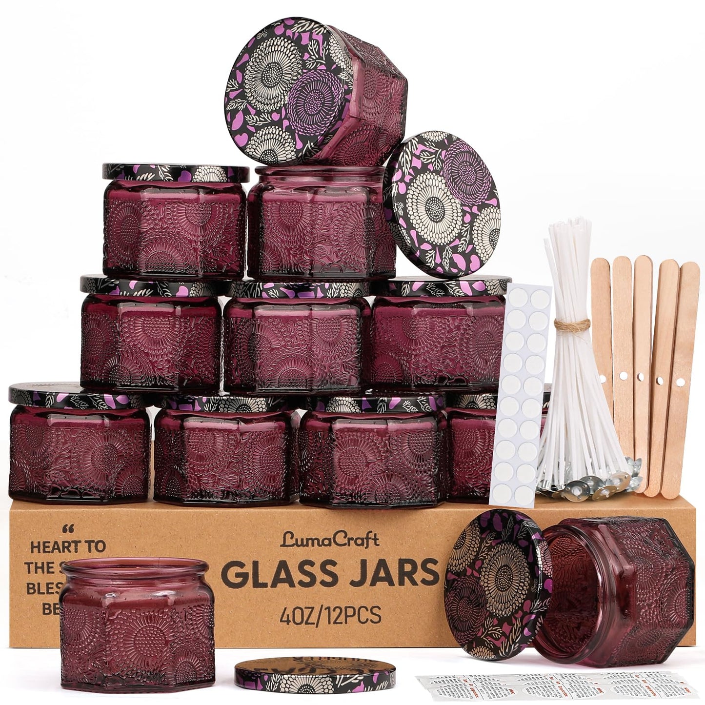 12 Pack 4oz Glass Candle Jars with Lids, Hexagon Embossed Candle Making Containers, Empty Candle Jars with 20 Wicks & Labels for DIY Candle Making, Party Favors, Home Decor