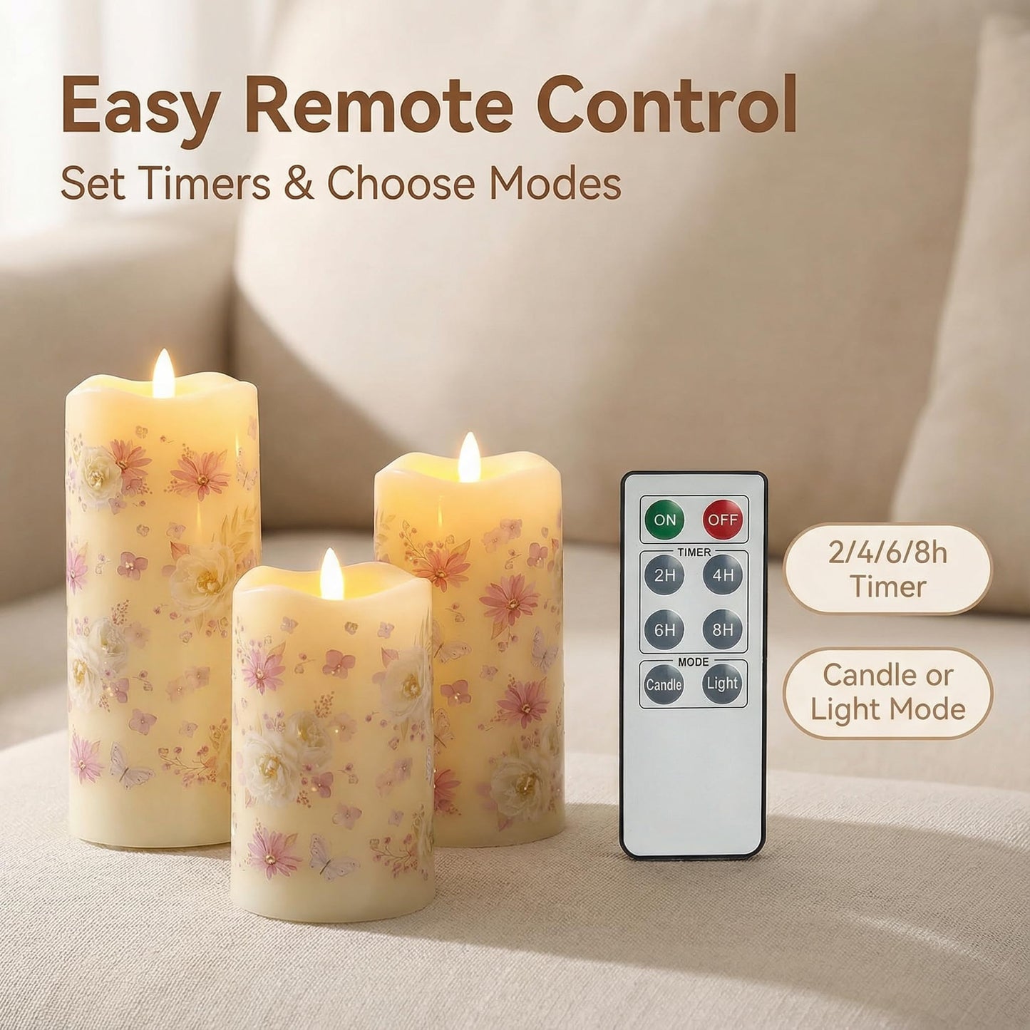 Eywamage Fiber Optic Flameless Pillar Candles with Remote, Floral Butterfly Spring LED Candles Flickering Home Decor Gift Set of 3
