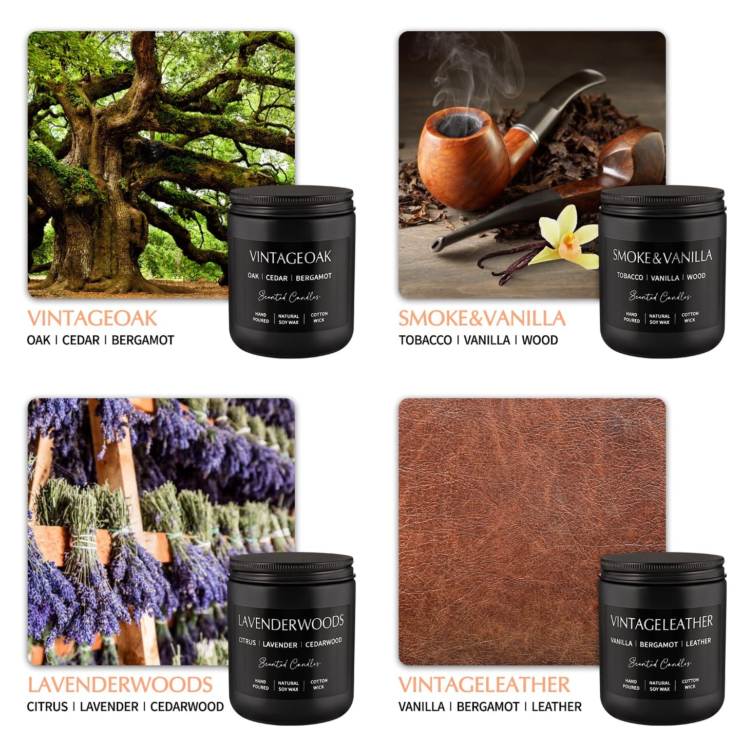 Scented Candles Gift Set - 4 Pack (7oz Each) Soy Wax Aromatherapy Candles with Essential Oils, Smokeless - Leather & Smoke, Vanilla Oakmoss, Lavender for Office, Gifts