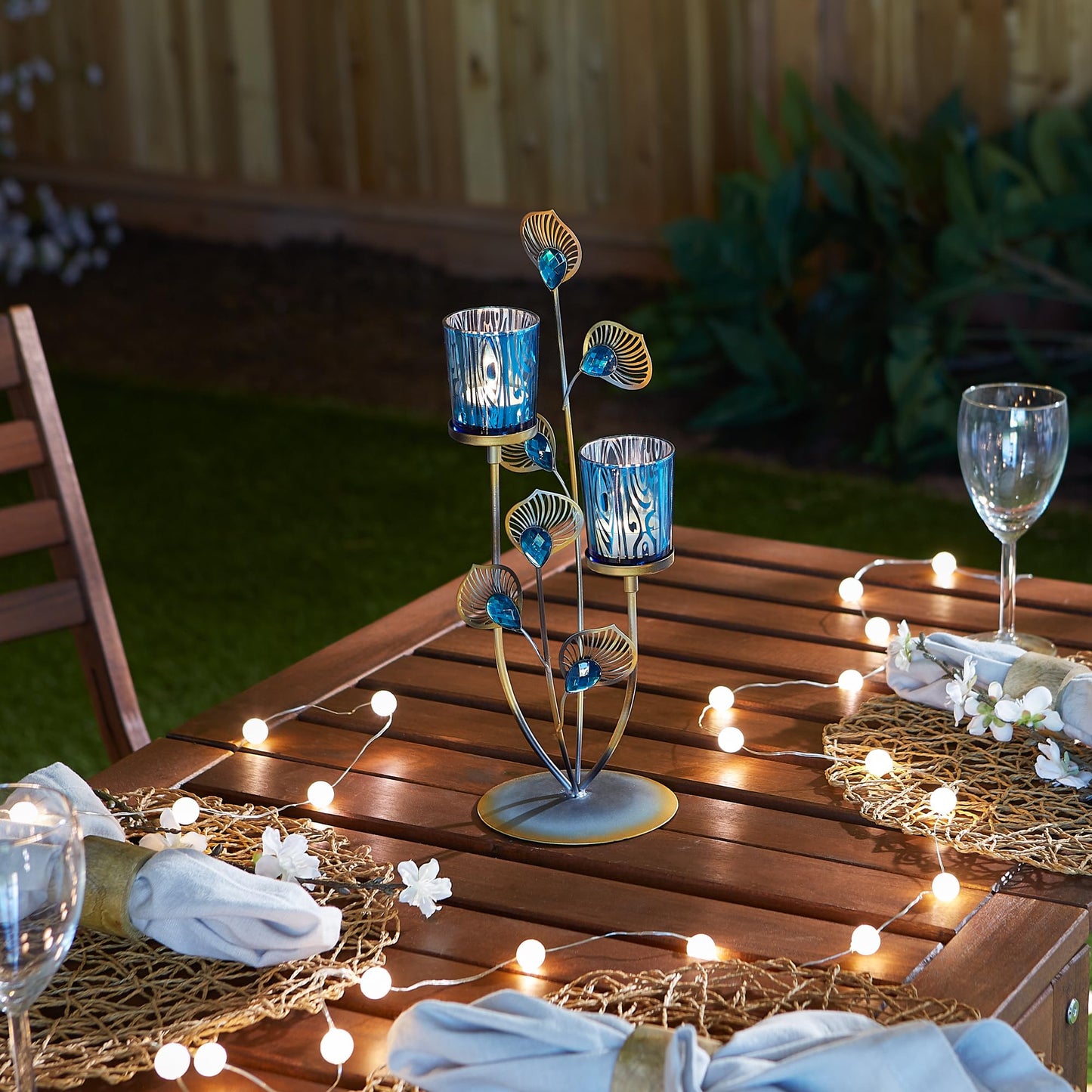 Zingz & Thingz Exotic Peacock Plume Collection Tealight & Candle Lighting, 4.625x4.625x14, Holder Duo