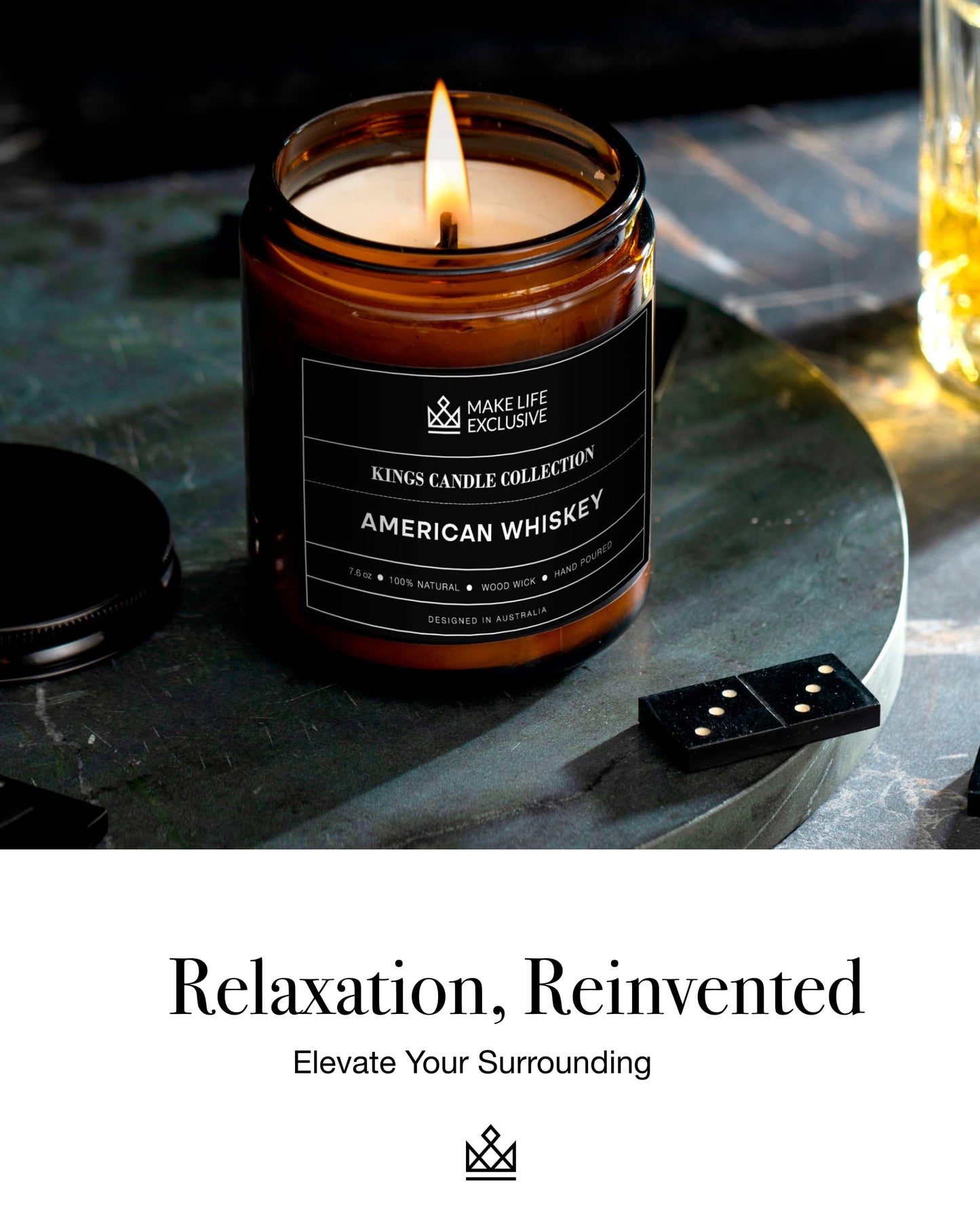 Scented Candles for Men | Whiskey Scented | Wooden Wick, Long Lasting, Masculine Scents | Natural Soy Jar Candle for Home, Bacehlor Pad Decor | The Perfect Mens Gift