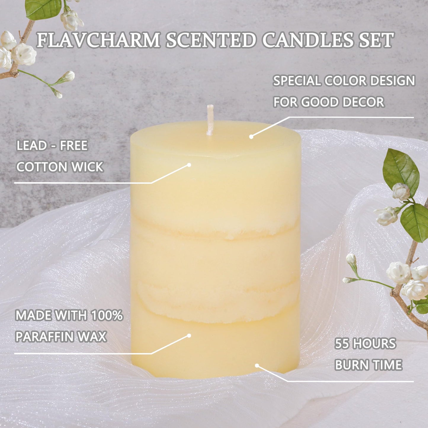 FLAVCHARM 3x4 Inches Jasmine Scented Pillar Candles Ivory White Hand-Poured Candle Long Burning Aromatherapy Candle for Home Scented Wedding Bar Centerpiece Table Decoration, 3 Pack