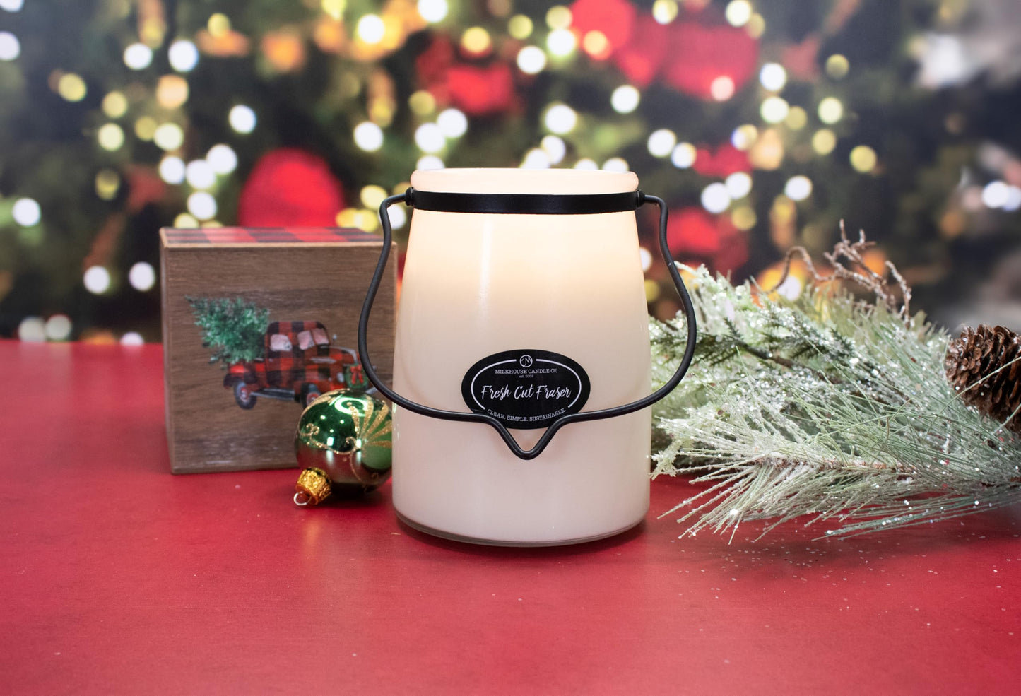 Milkhouse Candle Company Fresh Cut Fraser Soy Candle - Fraser Fir | Juniper & Sandalwood | Citrus Scented - 22 oz Butter Jar with Lid, 120+ Hour Burn Time, Made in the USA