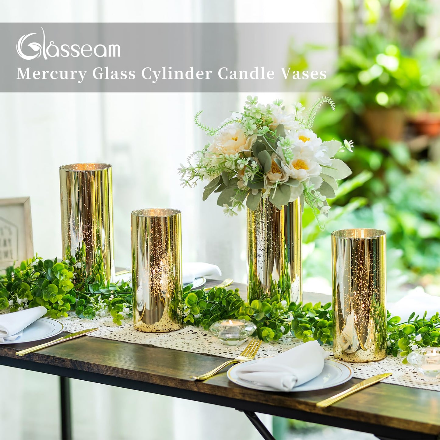 Glasseam Gold Hurricane Candle Holder Set of 2, Mercury Glass Candle Holder, Cylinder Candle Holders for Pillar Candles, Floating Candle Vases for Centerpieces Wedding Table Christmas Party 7.8''+10''