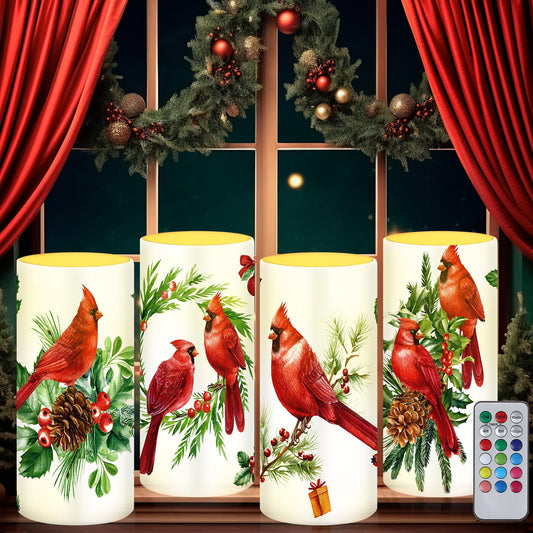 Tiamon 4 Pcs Christmas Red Bird Candles LED Bird Theme Flameless Candles Set LED Warm Light Flickering Xmas Pillar Decor for Holiday Table Decorations