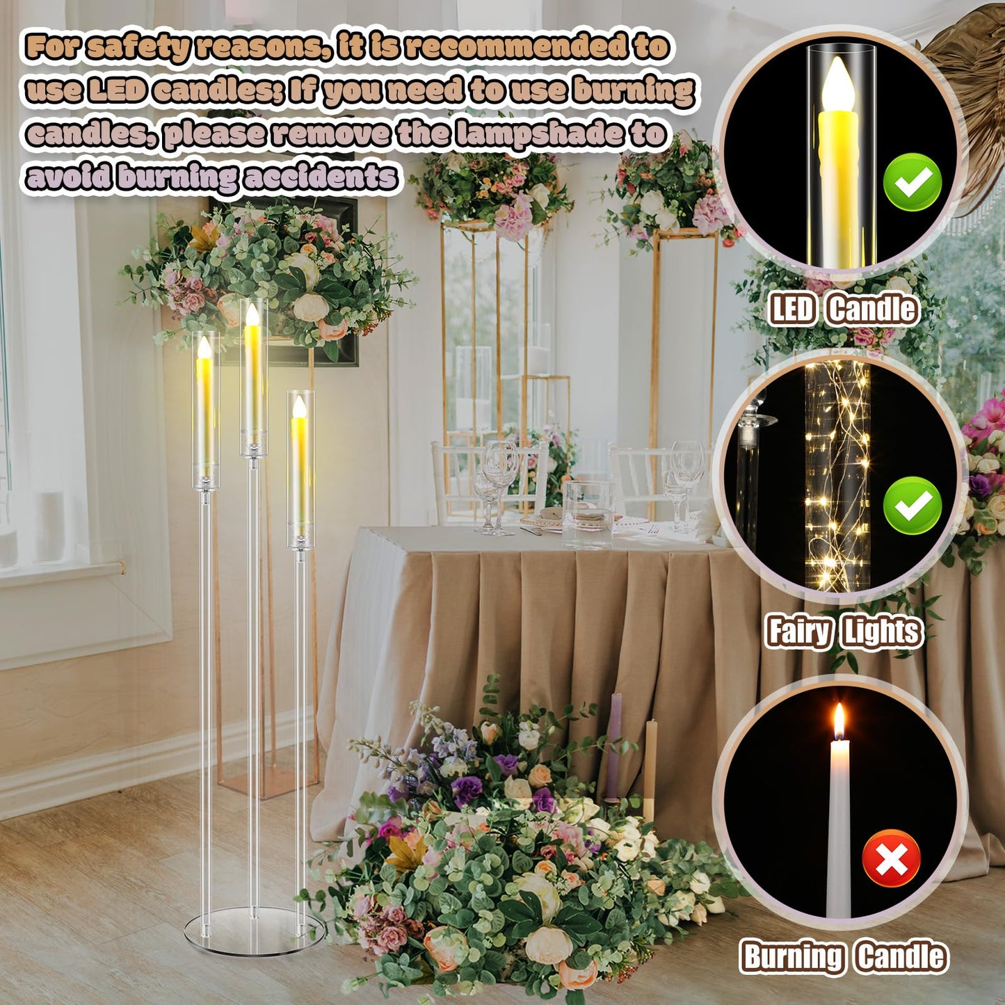 Havawish 6 Set Acrylic Candelabra Centerpieces 3 Arms with 18 LED Candles 42.5'' Floor Tall Candle Holders with Acrylic Shade Wedding Clear Table Candlesticks Stand Fit 0.8'' for Party