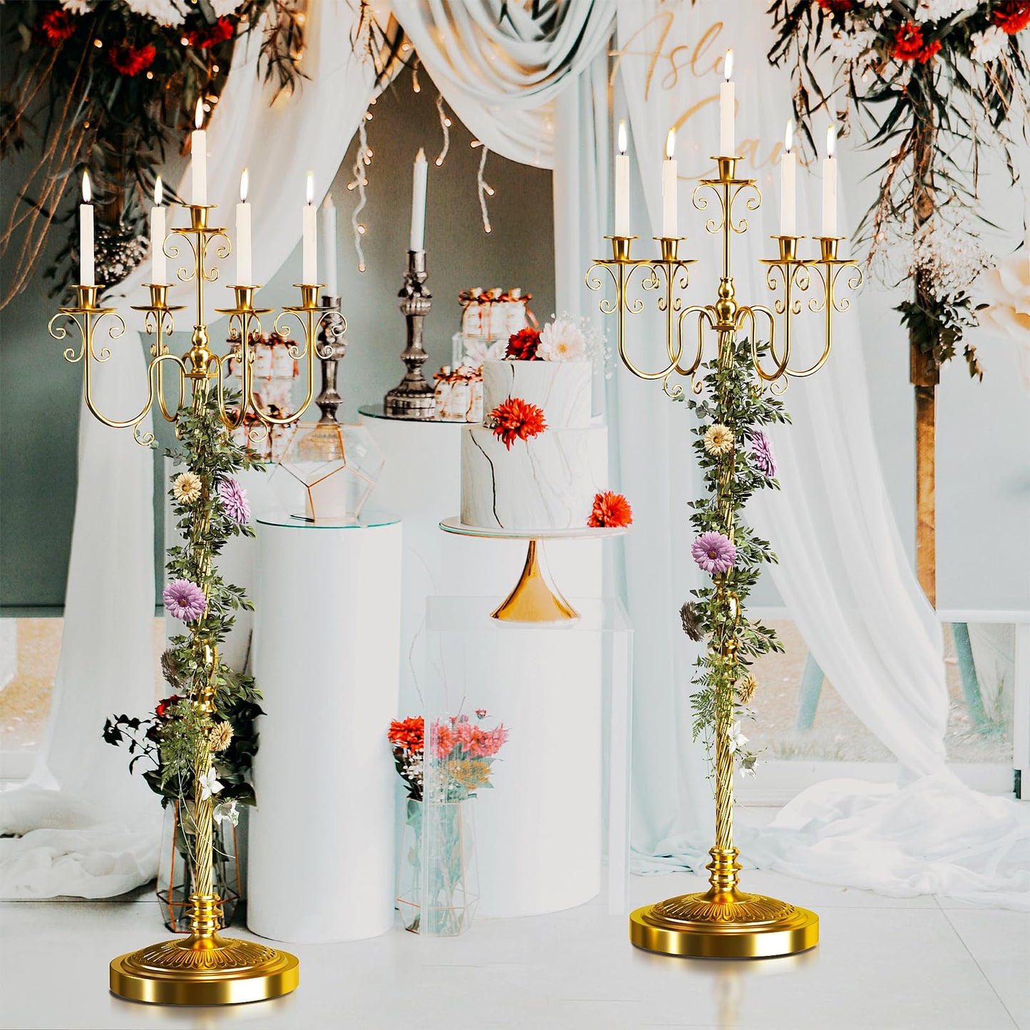 Floor Candelabra 50 Inch Gold Candlestick Holder 5 Arms Candle Holders Antique Flower Stand Centerpiece Decorative Candle Holder for Events, Party, Ceremony, Wedding Aisle, Home 2 Pcs (Beaded Styling)
