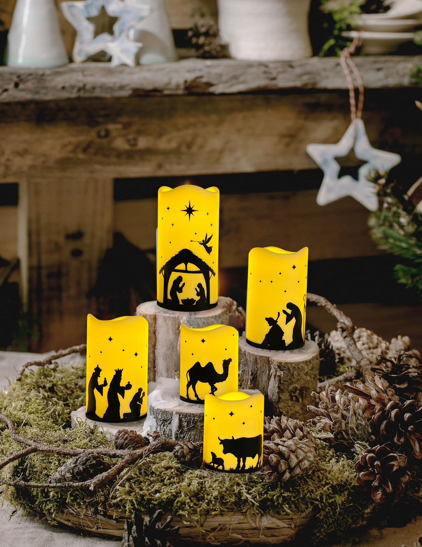 QVAIVE Flameless Christmas Nativity Scene Candles, Pillar Flickering Religion Candle with Timer Remote,Battery Operated LED Fake Candle for Xmas Home Holiday Decor Set of 5