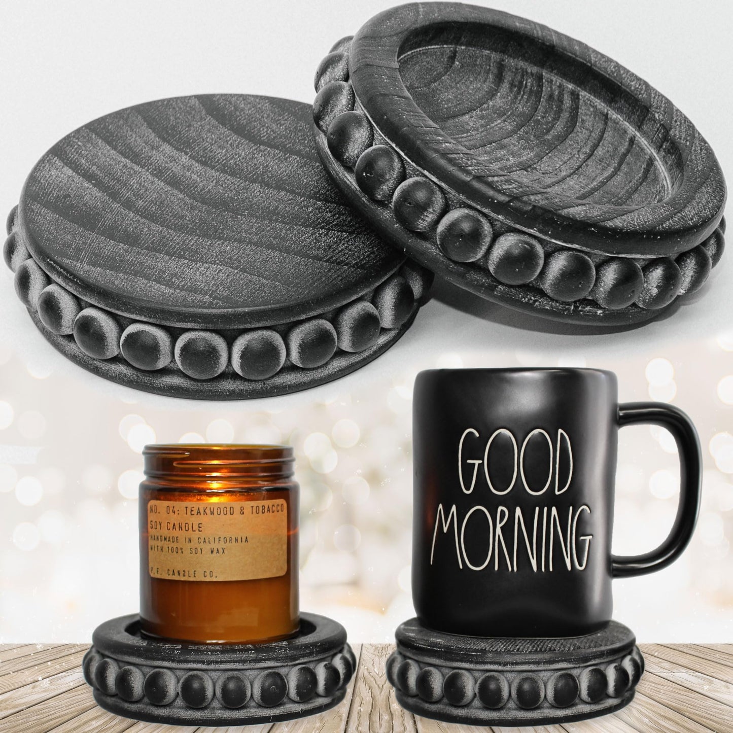 Felt Creative Home Goods Set of 2 Round Rustic Wood Beaded Risers - Sturdy 2-Sided Stackable Decor Pedestal Stands for Tiered Tray, Candle, Mug Display (Rustic Black, 5 inch)