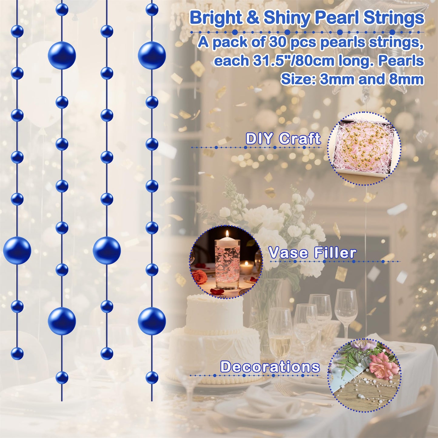 YATOJUZI 30 PCS Artificial Pearl String Blue Vase Filler Floating Pearls for Vases Centerpieces Faux Pearl Beads String Decorations Wedding Holiday Party Decor