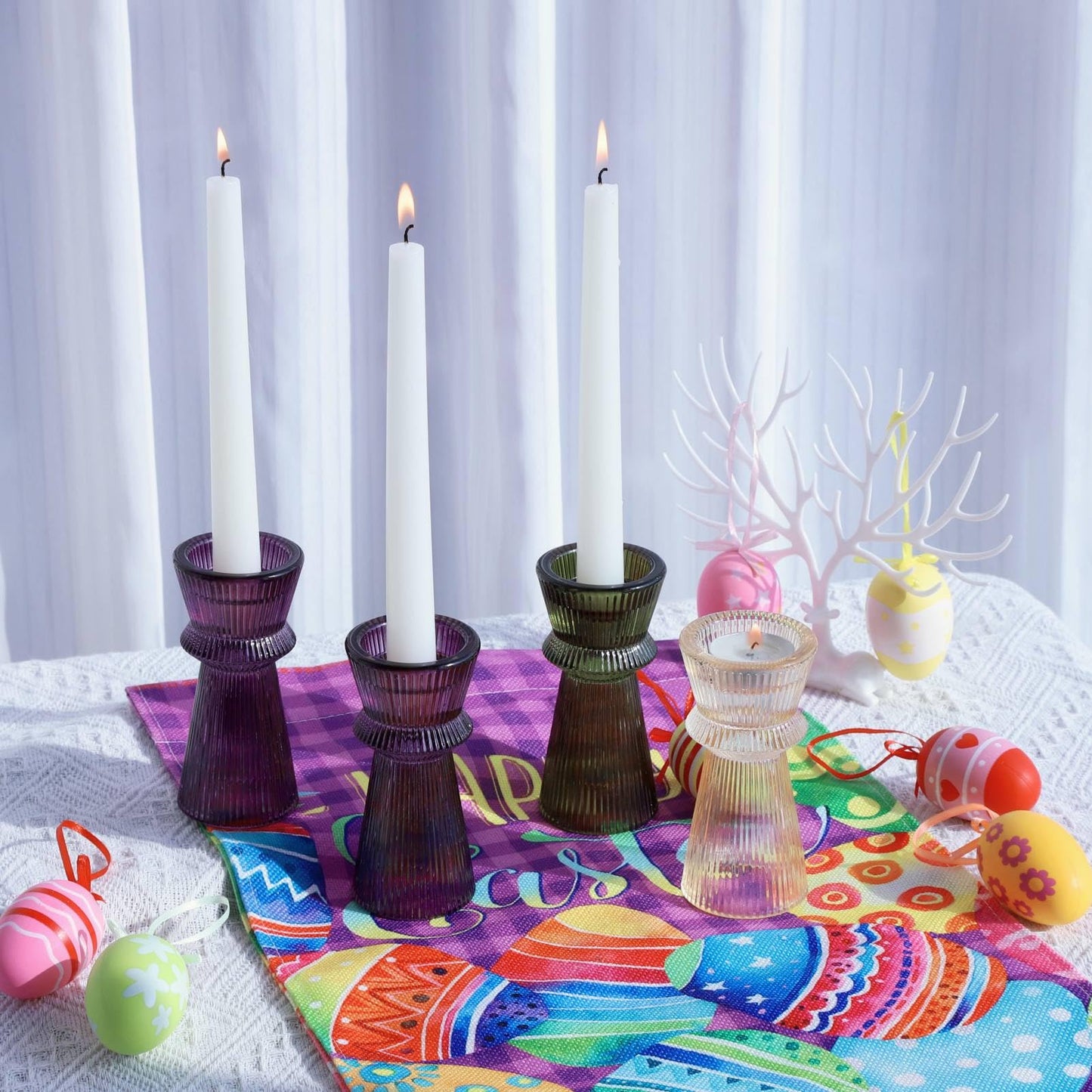 VOHO Purple Ribbed Taper Candle Holders Set of 3, Minimalist Style Glass Candle Holder for Candlesticks and Tealight Candles, Classy Candlestick Holders for Easter Halloween Wedding Decor