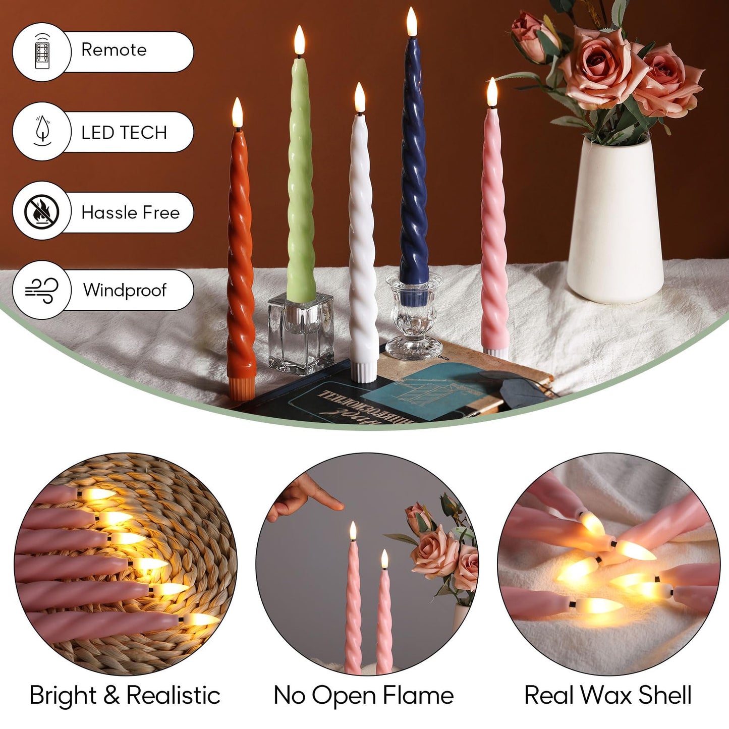 Girimax Pink Flameless Taper Candles with Remote, Spiral Candles Battery Operated, Flickering LED Wax Candlesticks Set of 6
