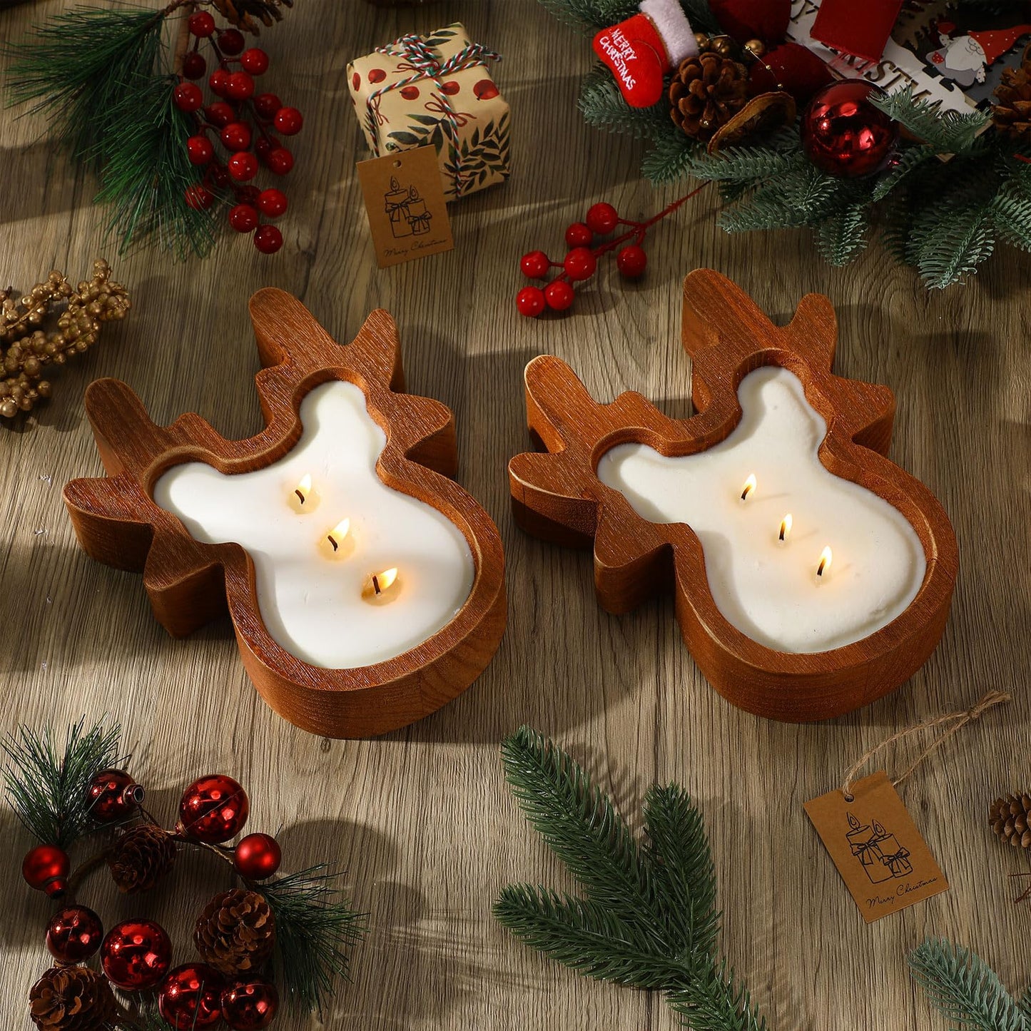 MTLEE 2 Pack Christmas Wood Dough Bowl Candle Deer Wooden Candle Bowl 3 Wick Xmas Farmhouse Decoration with Berries Pine Label for Christmas Table Centerpiece Birthday Gift Home Party Decor
