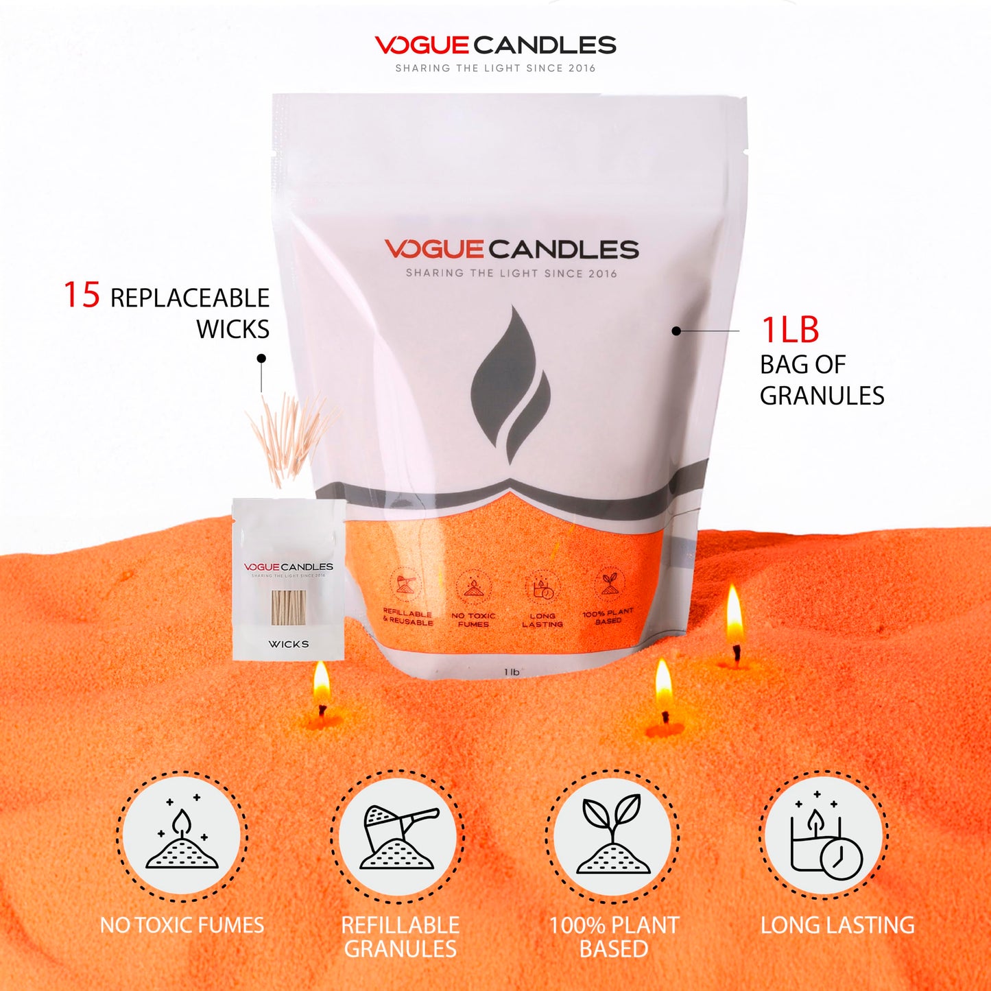 Vogue Candles Orange Pearled Candle Sand Wax (1 LB) – Sand Candle Kit w/15 Cotton Wicks for DIY Lighting – Plant-Based & Reusable Wax Granules Refill for Custom Vessels, Décor & Father’s Day Gifts