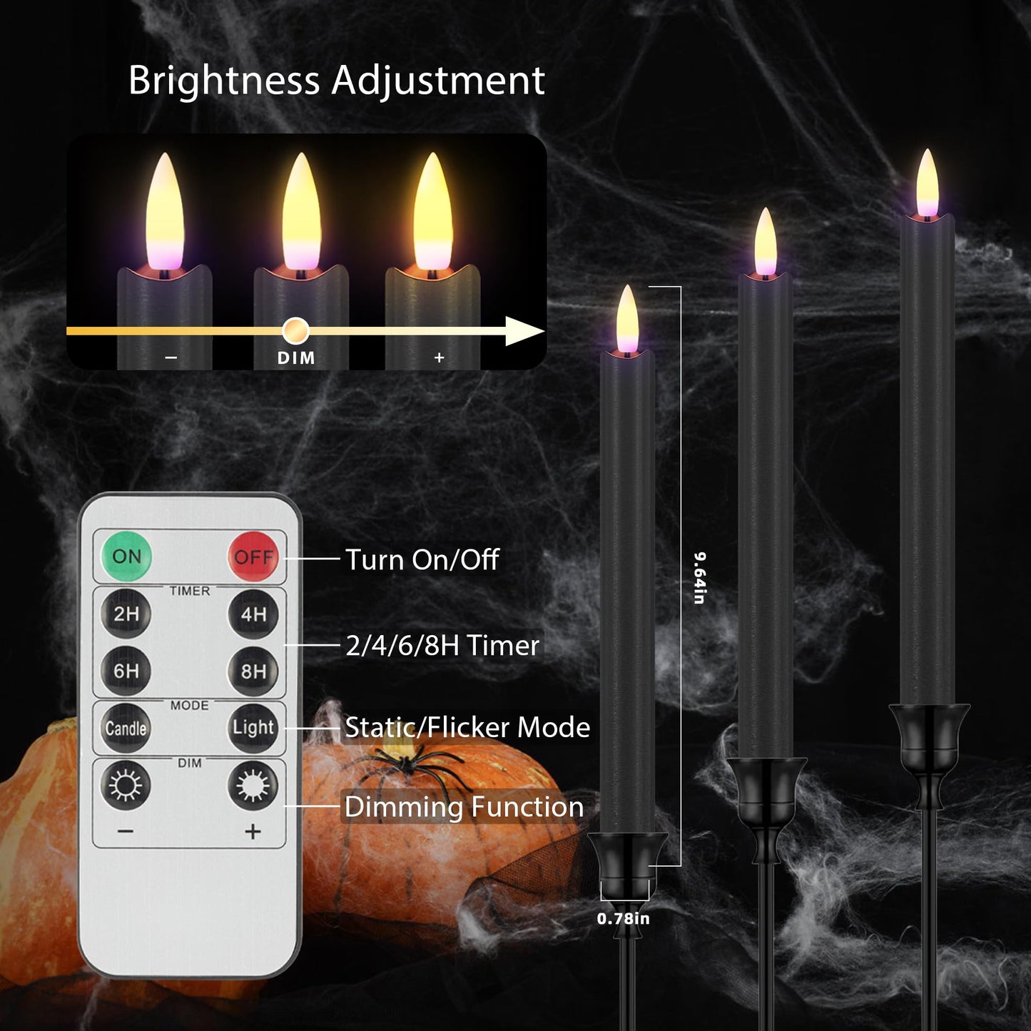 SHENSY Black Flameless Taper Candles, Set of 3 – 9.64" LED Candlesticks with 3D Flickering Flame, Real Wax Battery Candles with Remote and Timer – Elegant Halloween Window and Table Decor