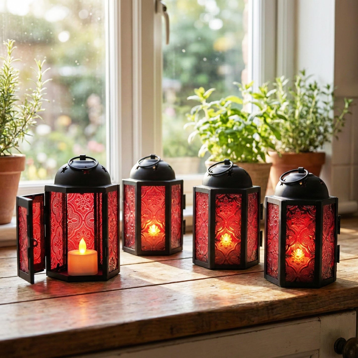 VELA LANTERNS Mini Moroccan Tea Light Candle Holder Lanterns – 4.25" Small Decorative Lantern for Table or Hanging, Metal with Glass Panels – Ramadan, Wedding, Home Decor, Ruby Red (Set of 4)