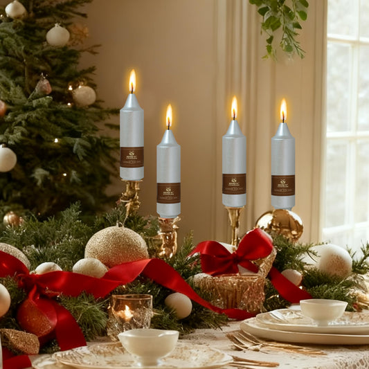 Christmas Metallic Silver Candle 5 Inch Short Smokeless Taper Candles 4 Pack Unscented Dinner Candle for Christmas Dinner