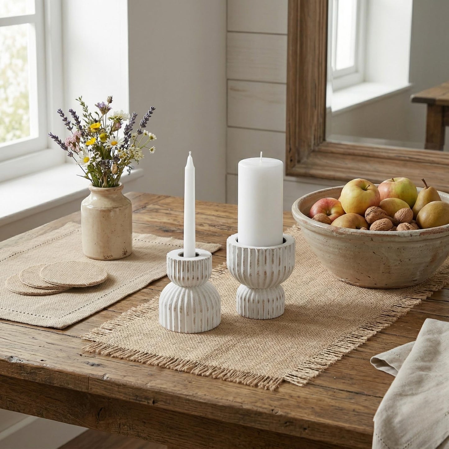 TRENDIN Reversible Rustic Pillar Candle Holders Set of 2, Distressed White Wood Candle Stand Set for Table, Fluted Farmhouse Wooden Candlestick Holders for Fireplace Mantel, Dining Room Decor