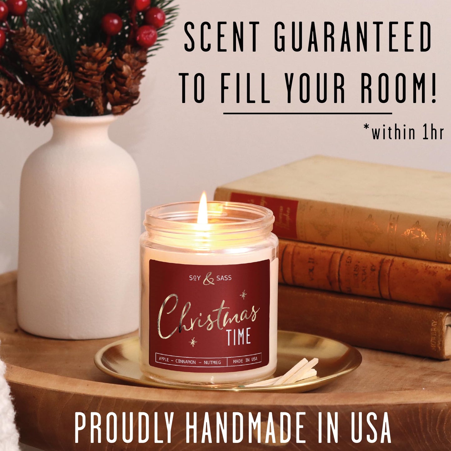 Christmas Candles Scented - 'Christmas Time' Soy Christmas Candle, w/Apple, Cinnamon, Clove - Infused with Essential Oils I Holiday Candles I 9oz, 50Hr, Made in USA
