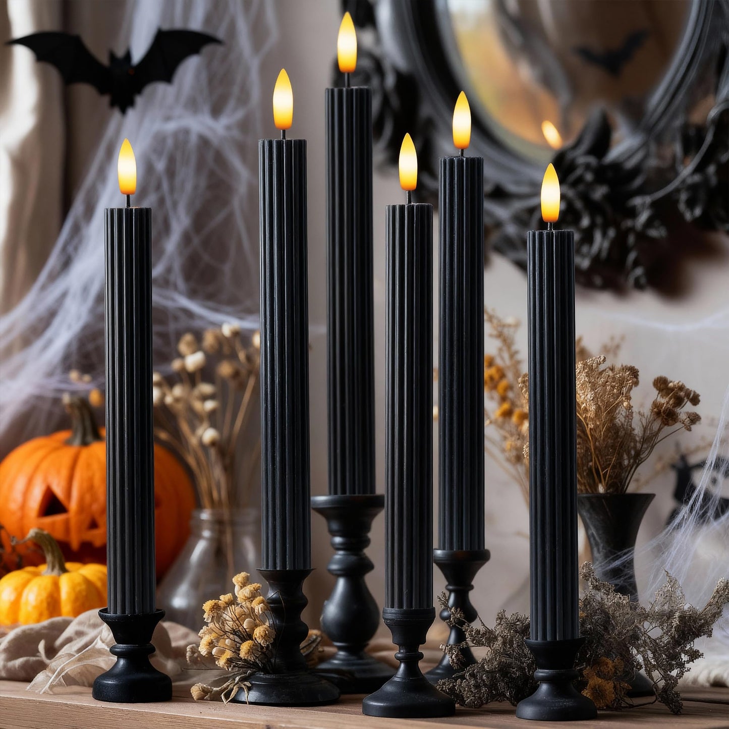 West Ivory 6 Pack, 10" LED Flameless Black Fluted Ribbed Grooved Taper Candles, Remote & 24h Timer Memory, On/Off Button, Dimmable, Flicker Mode, Battery Operated, Christmas Menorah Wedding