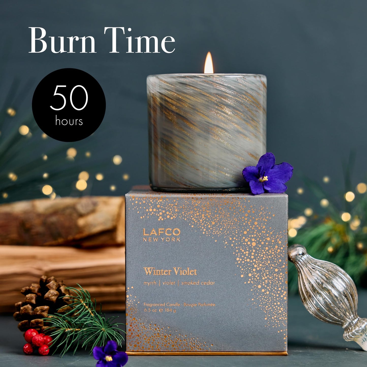LAFCO New York 2025 Holiday Classic Candle, Winter Violet - 6.5 oz - 50-Hour Burn Time - Reusable, Hand Blown Glass Vessel - Made in The USA