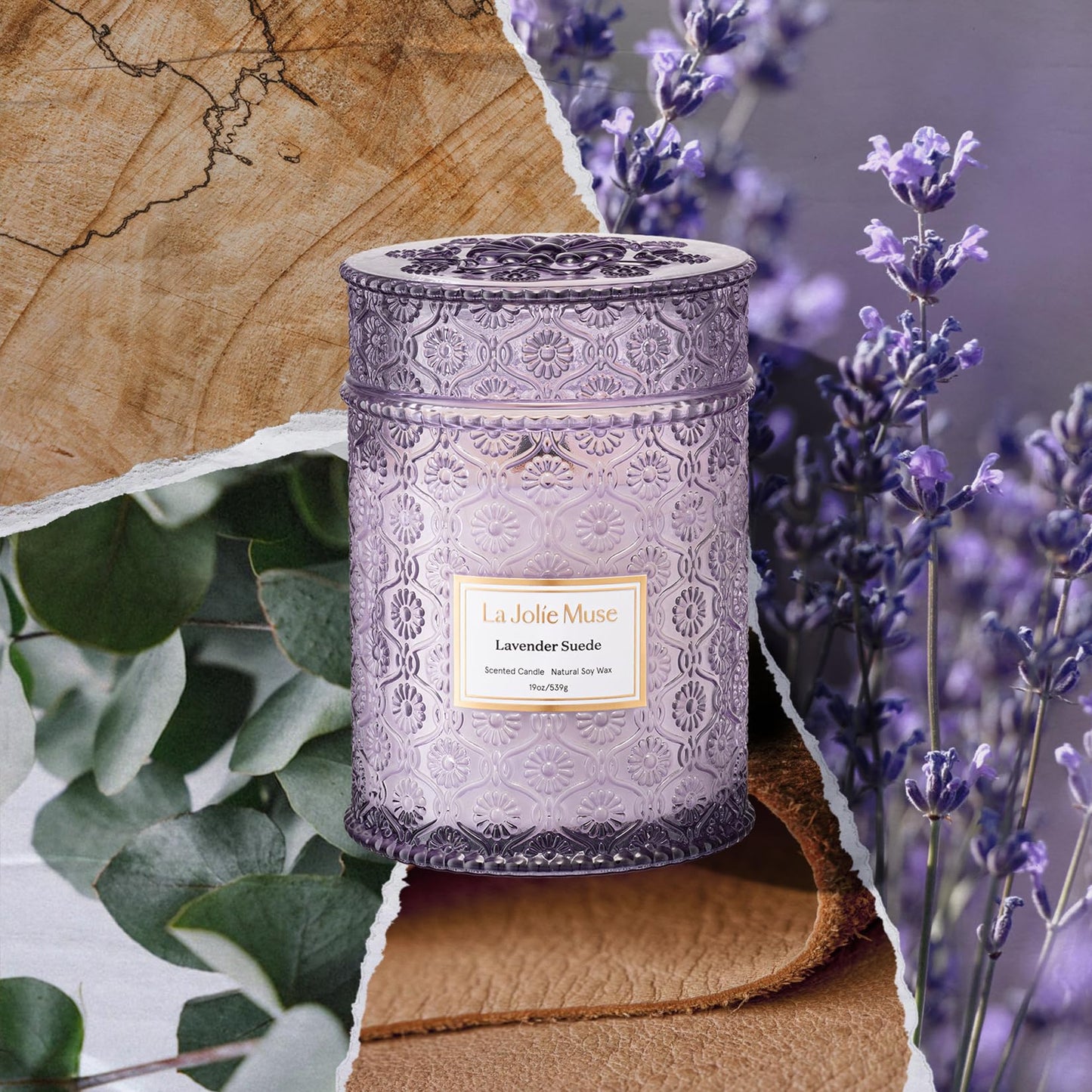 LA JOLIE MUSE Lavender Suede Scented Candle for Home |19 oz Non Toxic Soy Wax | Large Purple Jar Candle | Aromatherapy Candles | Luxury Gifts for Women & Men