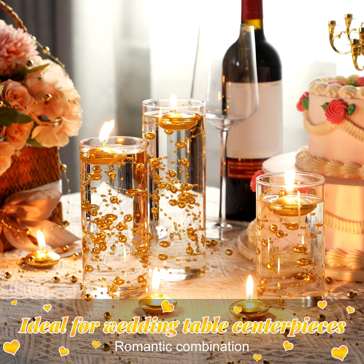 Fumete 40 Pcs Gold Floating Candle & Pearl String Set: 20 Unscented Wax Tealights (1.5") & 20 Faux Pearl Chains (4.4ft), Elegant Vase Filler for Wedding Centerpiece, Bridal Shower & Gala Dinners Decor
