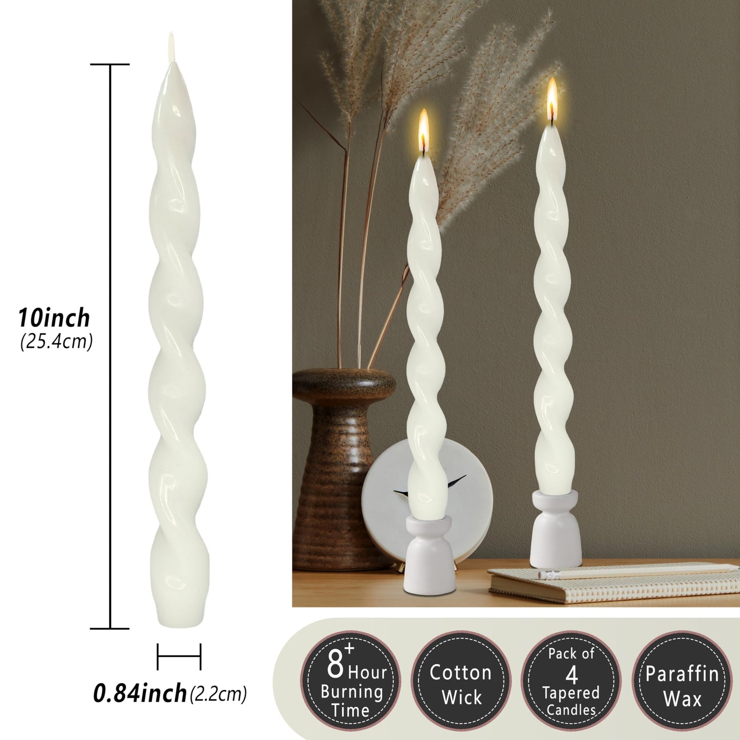 Spiral Taper Candle Long Candlesticks 10 INCH White Tapered Candles Unscented Twisted Candlestick Smokeless Candle Stick for Home Décor Weddings Festive Holiday
