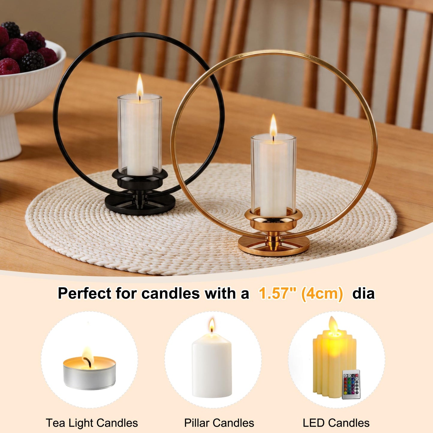 HiSnug Hurricane Candle Holders Set - Circular Metal Candlestick Holders with Glass Sleeve, 2PCS Simple Decorative Candleholder for Dining Table Centerpiece Shelf Home Decor, 2PCS, L+L, Gold