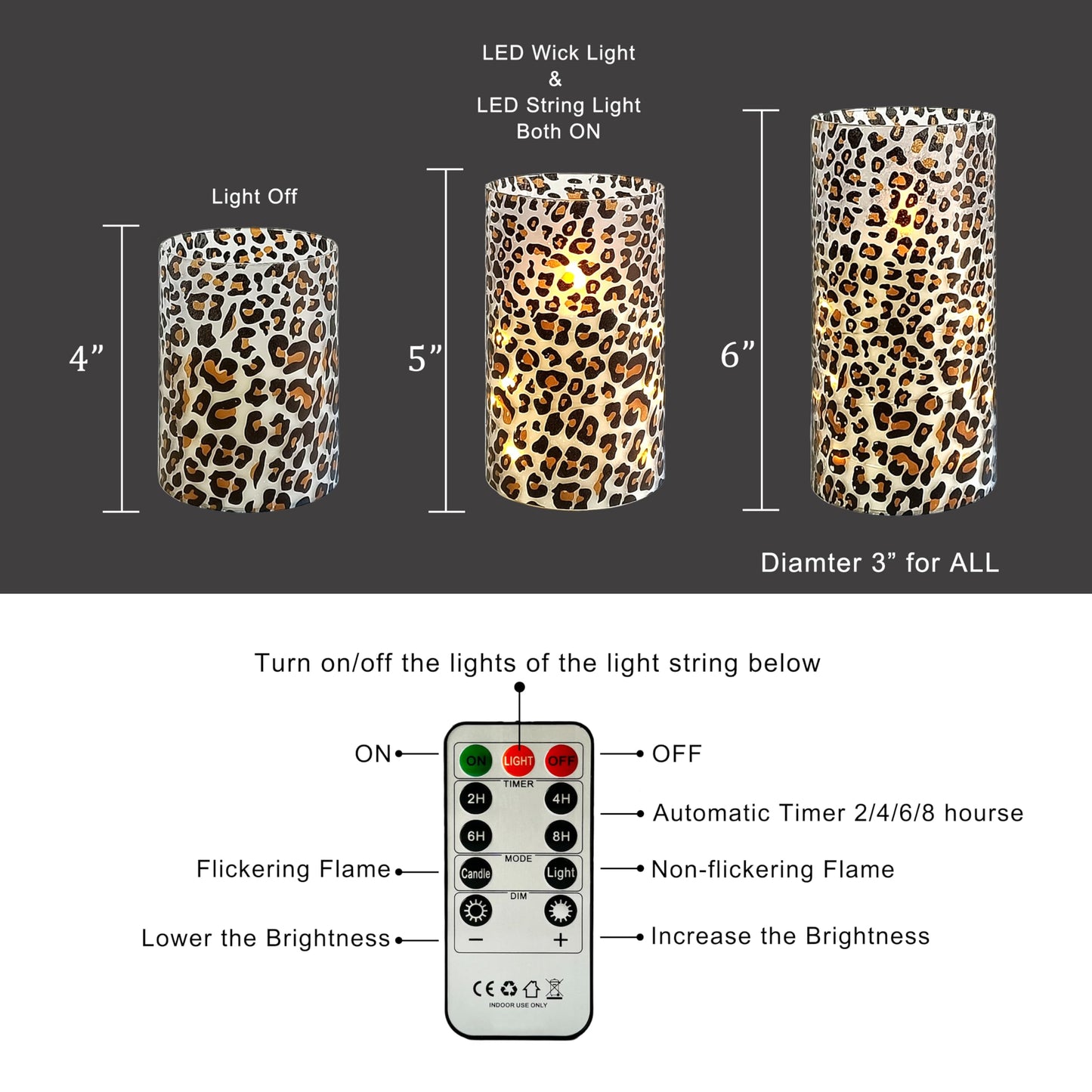 Flickering Flameless Candles Leopard Print Embedded Star String Lights, Battery Operated Acrylic LED Pillar Candles with 11-Key Remote and Timer for Home Decoration, 3 Pack