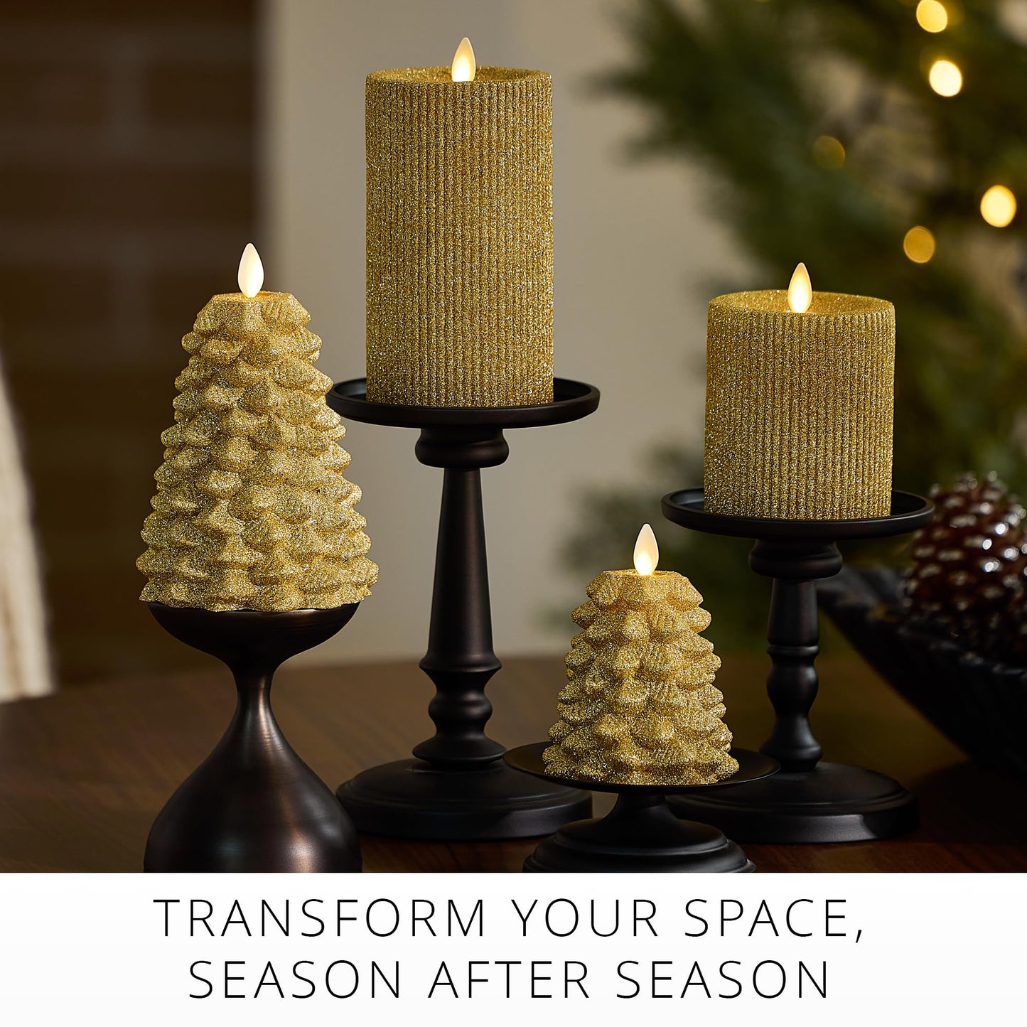 Luminara Rich Gold Glitter Ribbed Flameless LED Candle Moving Flame Pillar, Real Wax, Flat Top, Timer (3.25" x 4.5")