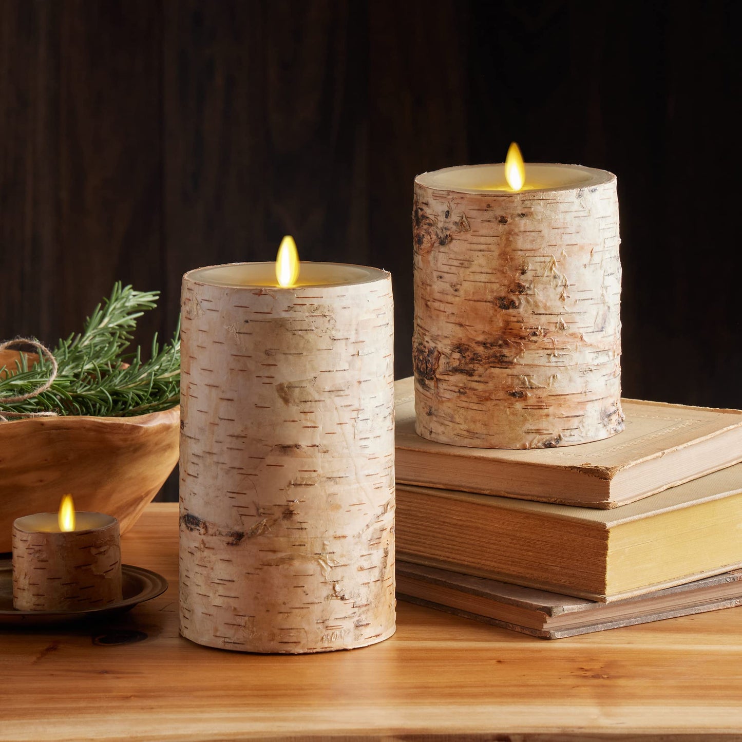Luminara Realistic Artificial Flame Pillar Candle Wrapped with Real Birch Bark - Moving Flame LED Battery Operated Lights - Unscented - Remote Ready - Remote Sold Separately - 4.0" x 7.0"