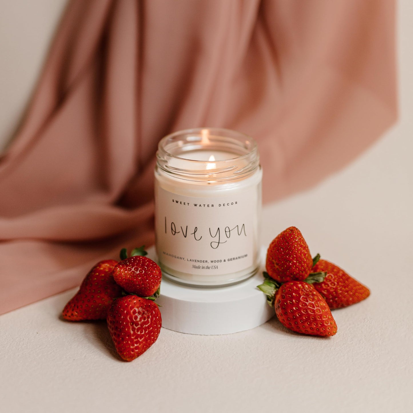 Sweet Water Decor Love You Scented Candle, Non Toxic Soy Candles with Fresh Lavender, Geranium, Warm Mahogany and Earthy Teakwood, 40 Hour Burn Time, 9Oz Gold Lid Clear Jar Candle, Poured in the USA