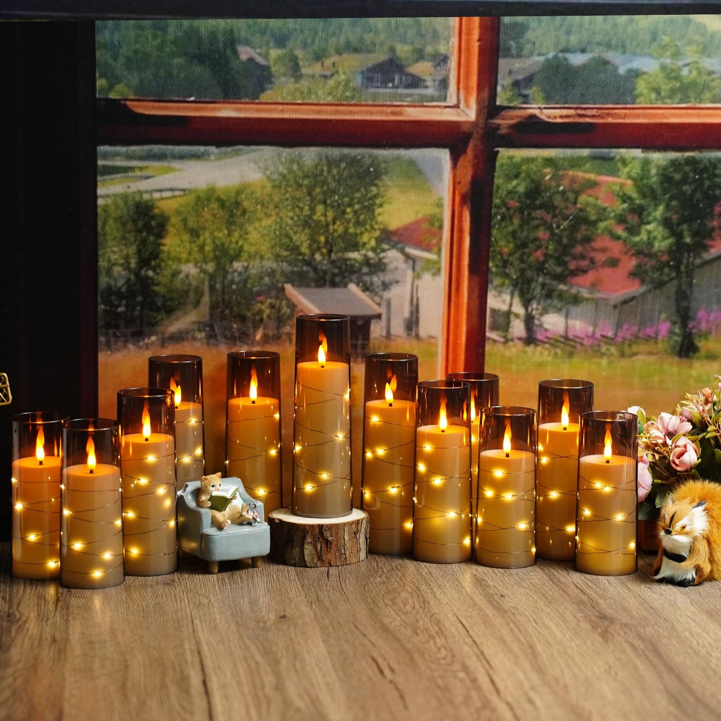 Flameless Candles with Embedded Star String, 12 Pcs Battery Operated LED Pillar Candles with Remote and Timer, Suitable for Home Decor, Party, Christmas & Wedding (Grey)