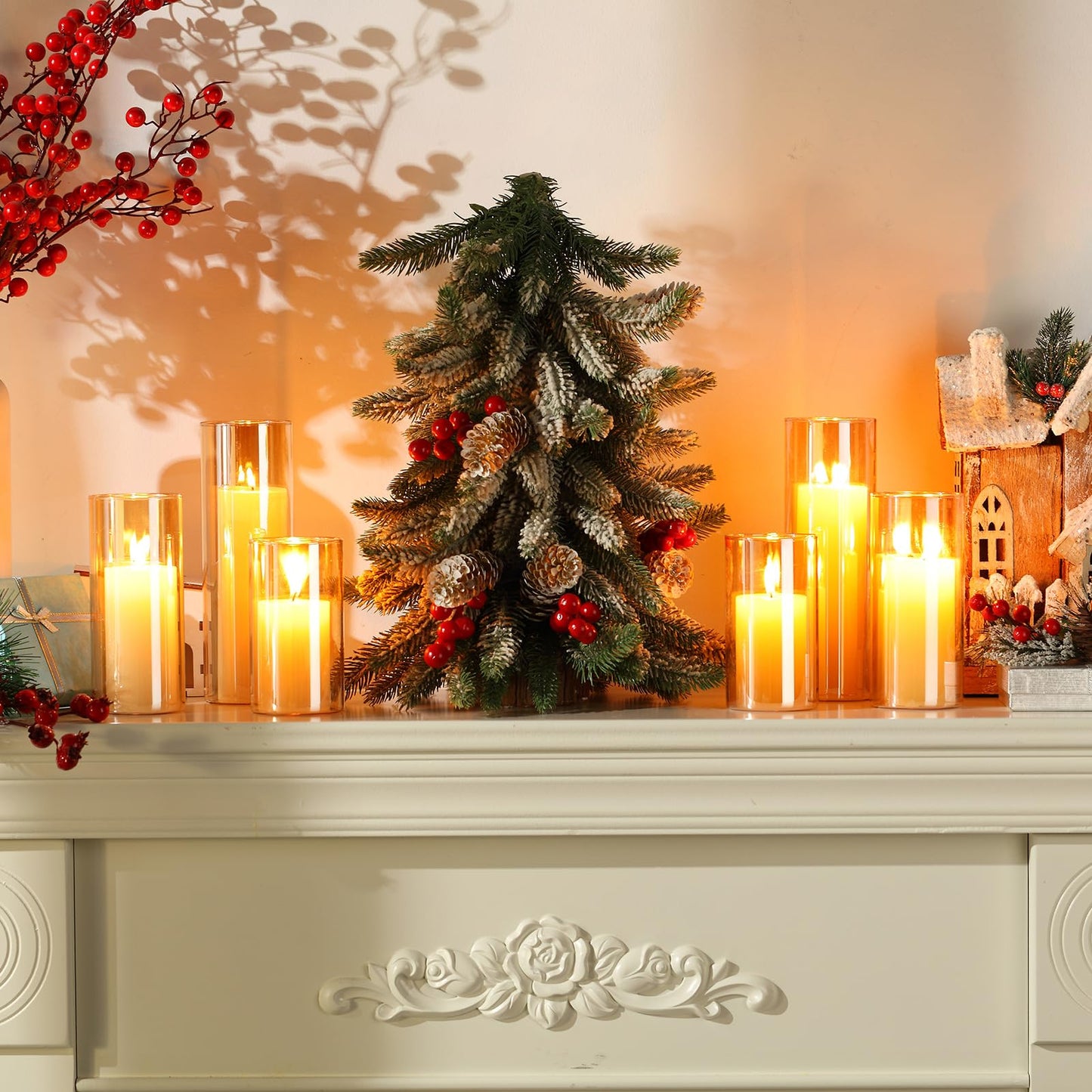 Shihanee 36 Pcs Pillar Candles and Glass Cylinder Vases Tall Cylinder Holders for Pillar Candles Wedding Centerpieces, Total 18 Sets(2.6'' X 4.7'', 5.9'', 7.9'',Amble,Ivory)