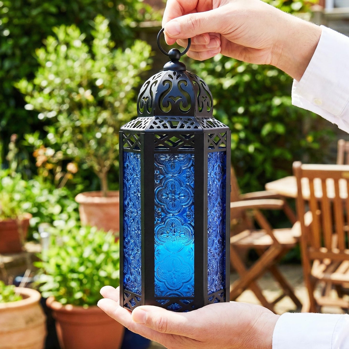 Vela Lanterns Decorative Indoor Moroccan Candle Holder & LED Fairy Lights -Twinkle Turkish Lamp, Fantasy Home Decor Table Centerpieces, Hanging Outdoor Patio Porch Wedding Ramadan (10.5", Cobalt)